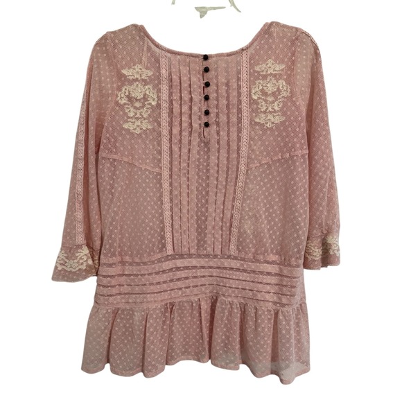 Free People Tops - Free People Pink Dot Lace Peasant Blouse Top Embroidered Ruffle Hem Size Small